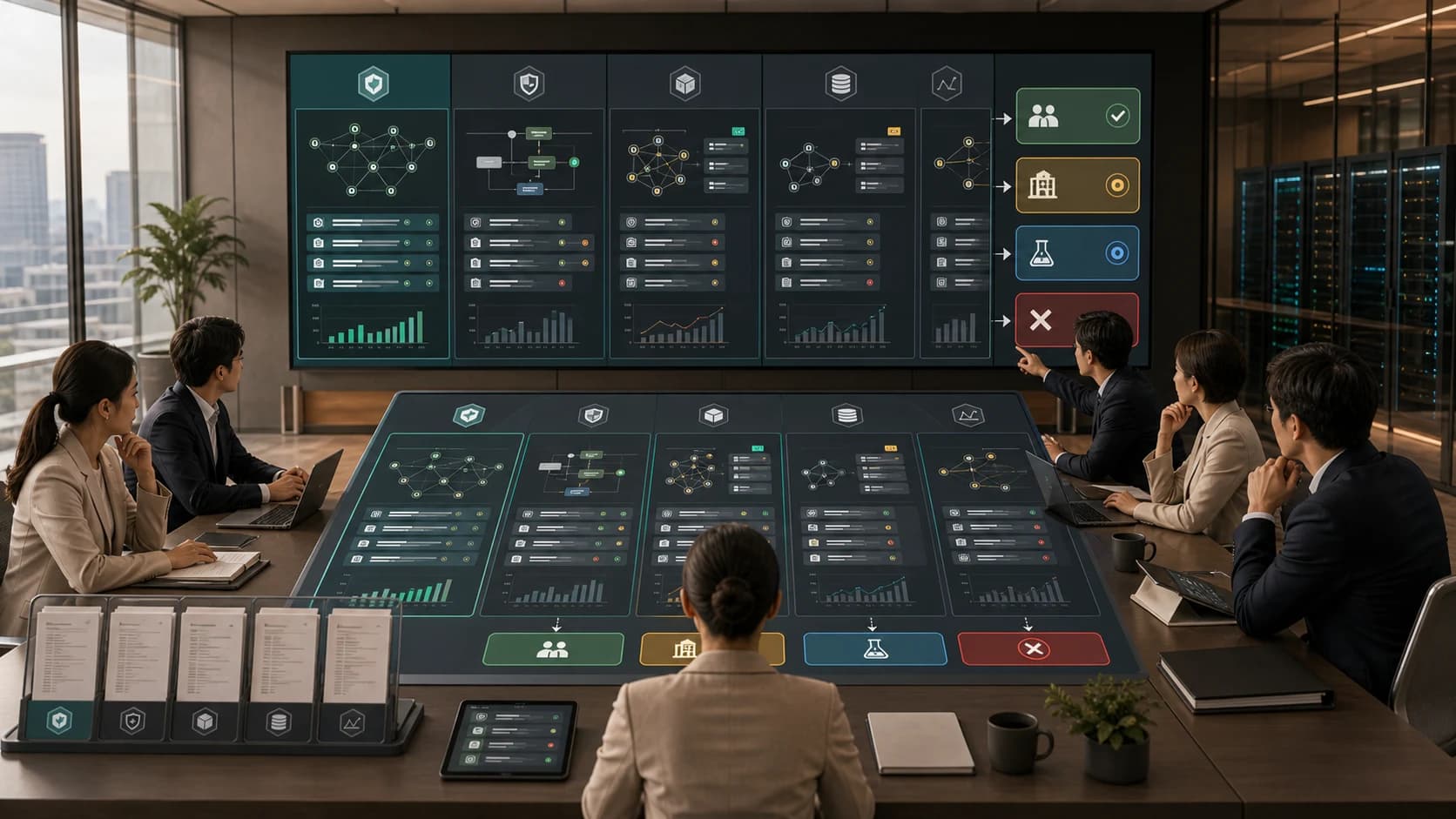 AI procurement evaluation room comparing workflow evidence and decision outcomes