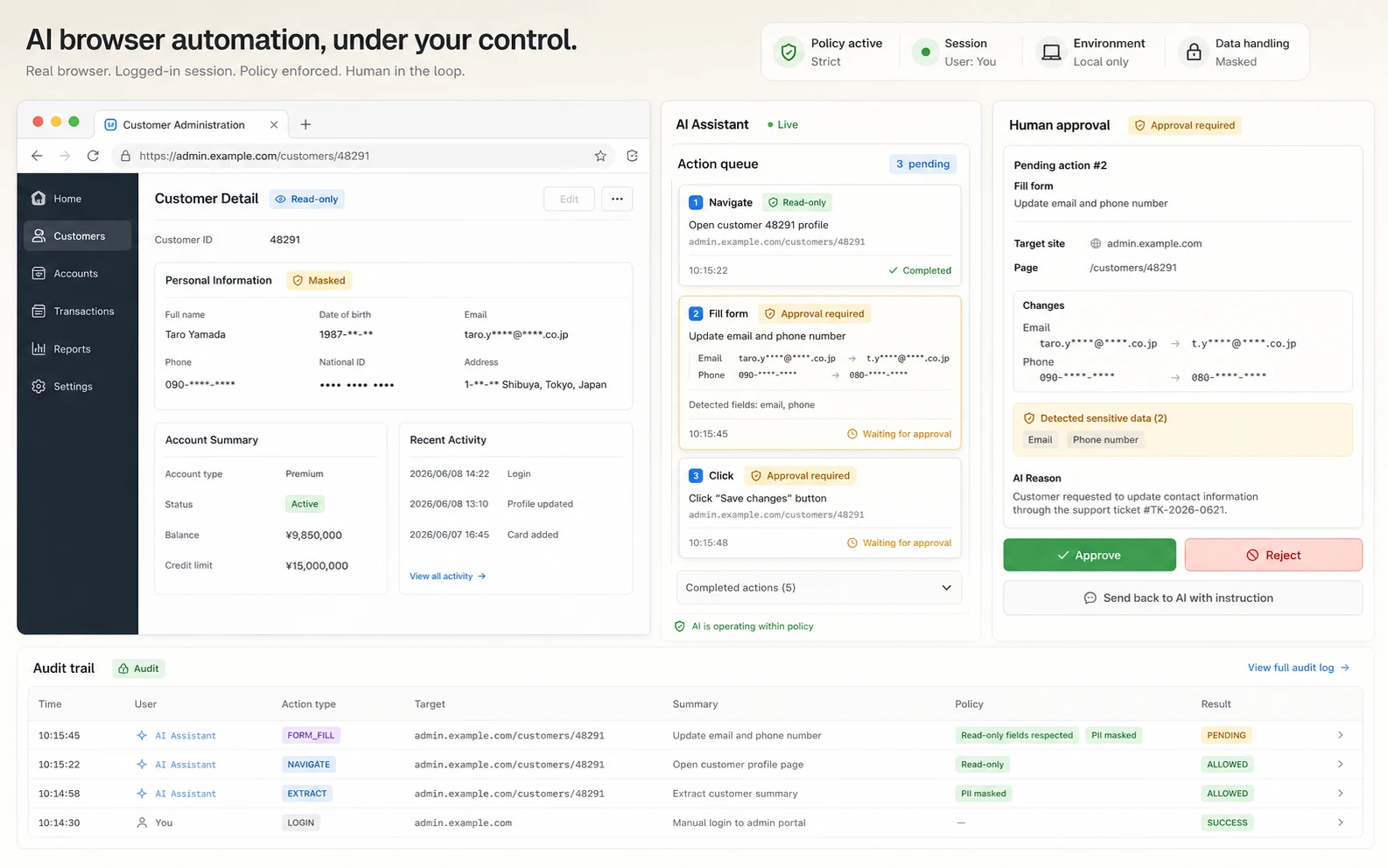 viyv Browser が read-only、masking、human approval、audit trail を組み合わせて業務画面を統制するビジュアル