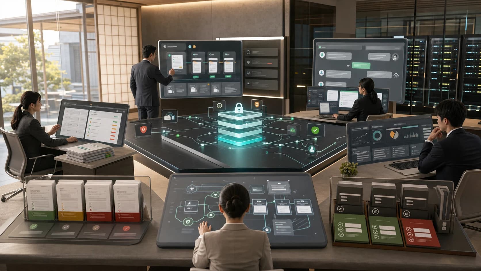 Department AI adoption decision room with approval checkpoints and evidence packets